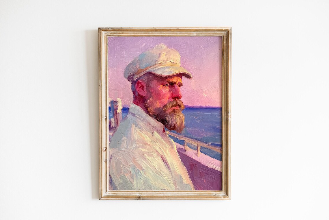 Bearded Sea Captain Sunset Sailor Portrait Oil Painting Wall Art