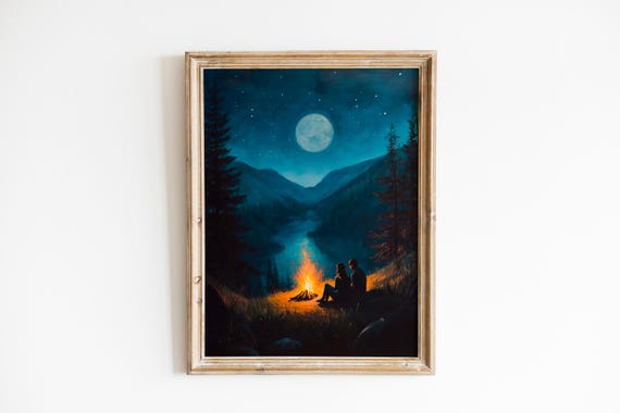 Moody Campfire Nightscape Painting Cozy Rustic Wall Art Romantic Mountain Scene Couples 37