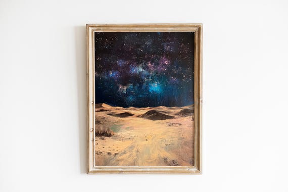 Moody Celestial Nightscape Over Desert Dunes Serene Starfilled Sky Dreamy Cosmic Art Minimalist Boho Night Wall Decor 786