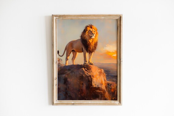 Majestic Lion At Dawn Regal Wildlife Art Dramatic Safari Scene Warm Golden Landscape Nature Decor 1169
