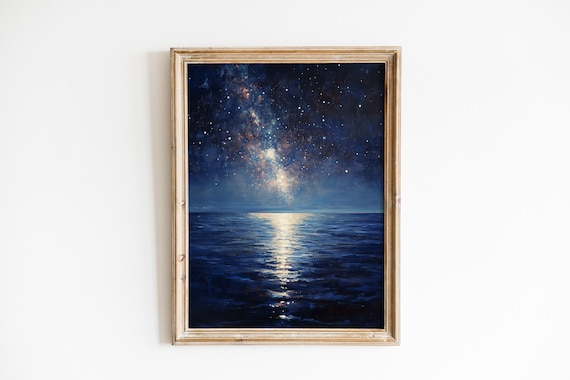 Moody Nightscape Of The Milky Way Celestial Wall Art Serene Starry Night Painting Tranquil Sky Sea Reflection Decor 896