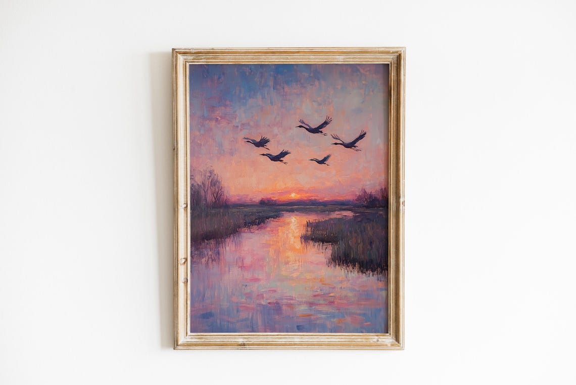 Crane Flock Over Prairie Wetland Sunset Rustic Nature Painting Poster
