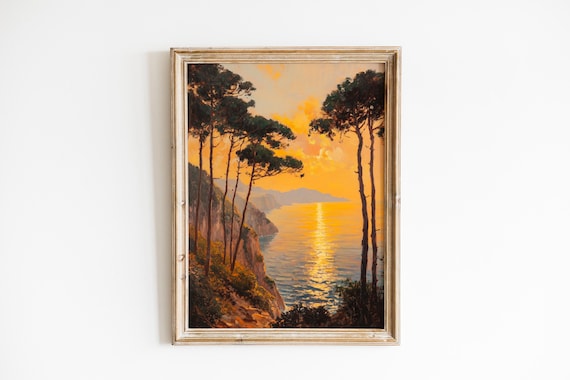Coastal Sunset Golden Water Cypress Trees Vintage Landscape Art Poster