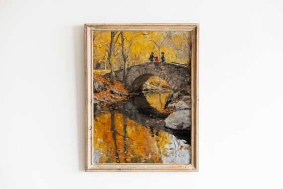 Children On Stone Bridge Over Golden Autumn Stream Fall Foliage Poster