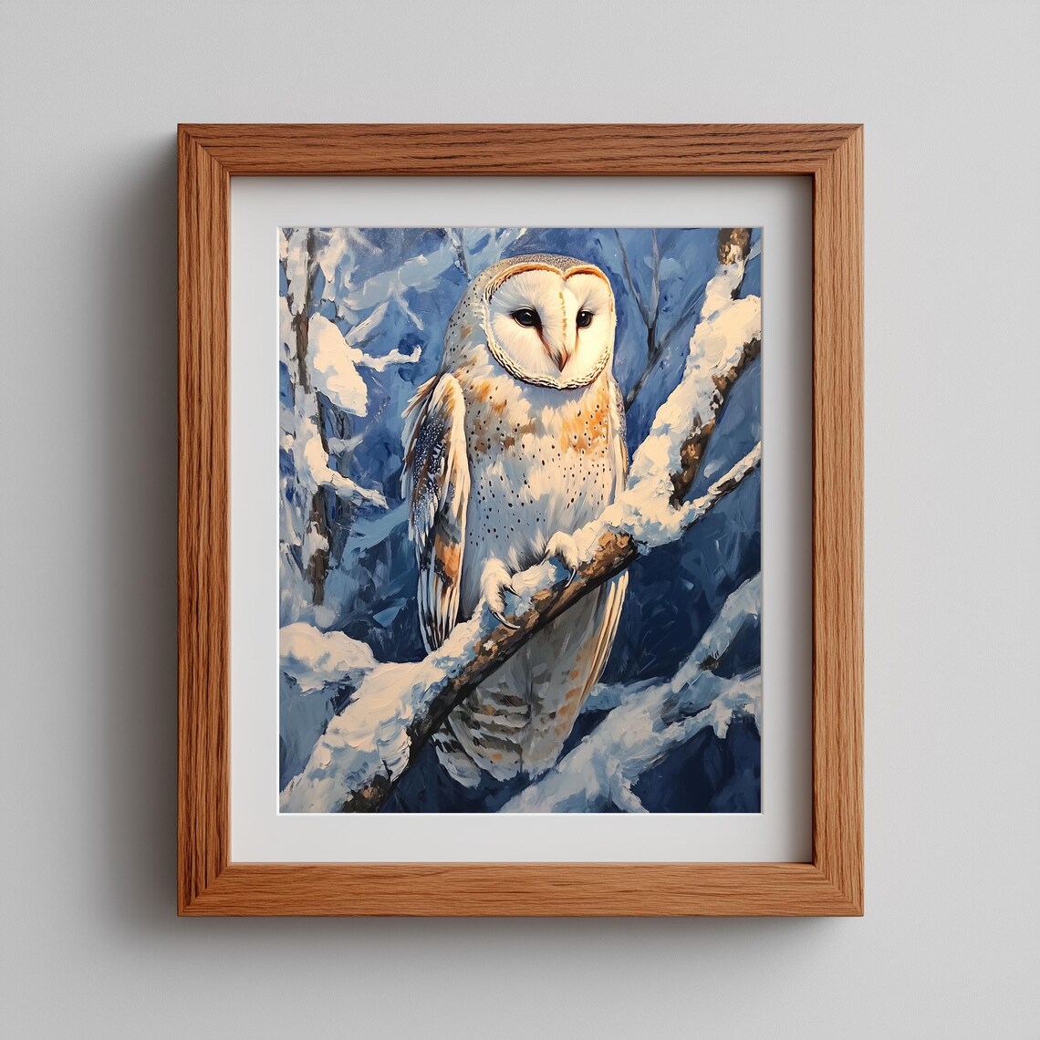 Barn Owl Perched on Snowy Branch Winter Wildlife Painting Poster