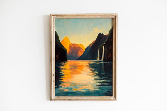 Milford Sound Landscape Art Moody Vintage Coastal Painting Dusk Atmosphere Serene Fjord Scene Decor 602