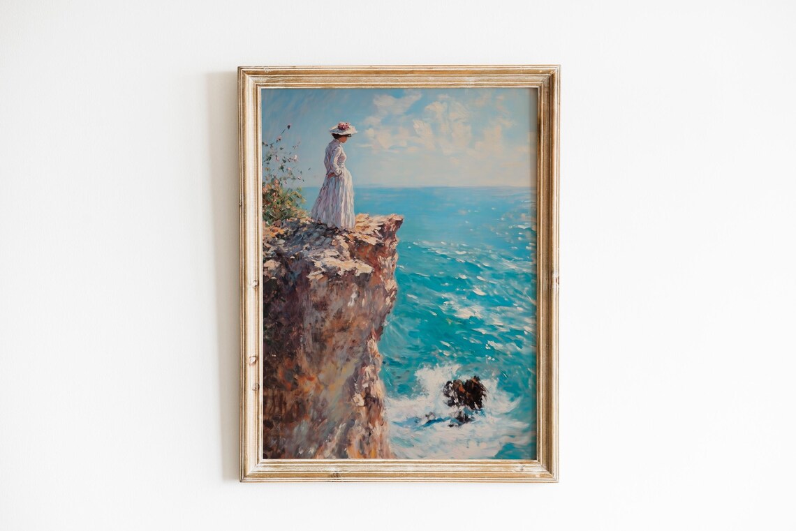 Woman on Rocky Cliff Overlooking Sea Vintage Oil Painting Poster