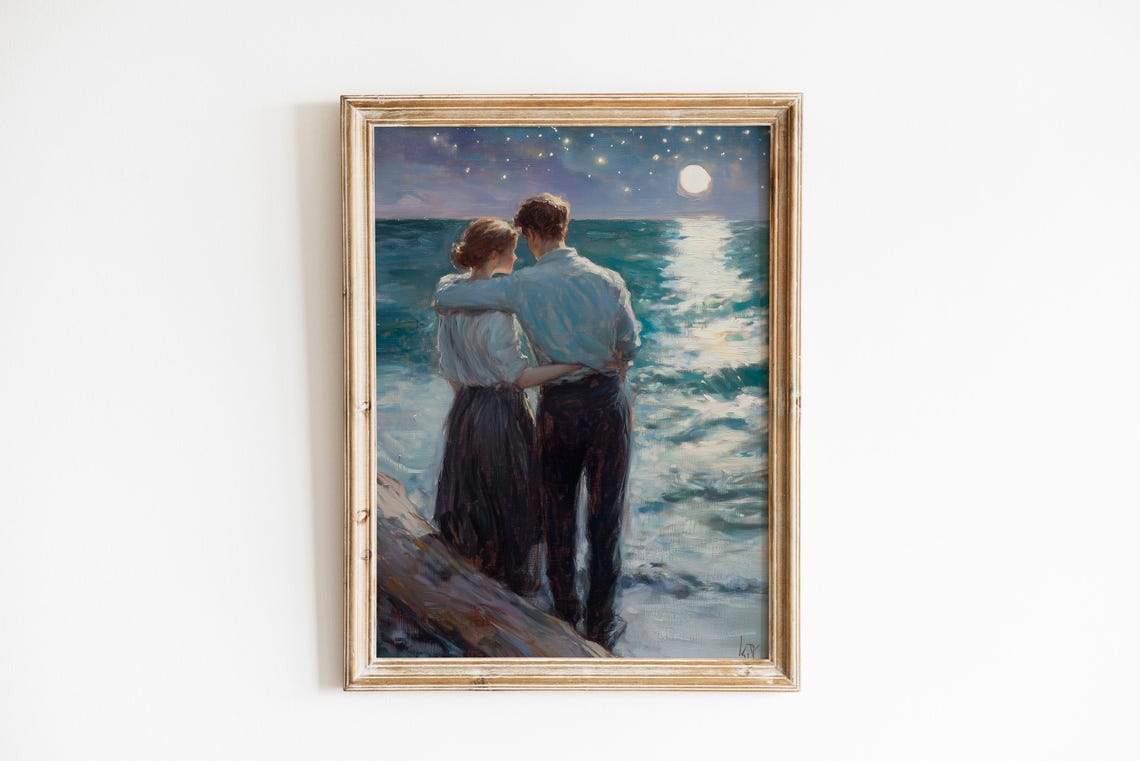 Moonlit Lovers Embracing By The Sea Romantic Vintage Wall Art