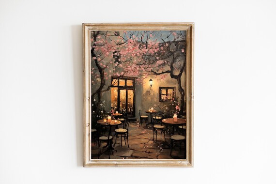 Rustic Candlelit Outdoor Caf Terrace Painting Cozy Vintage Wall Art Moody Evening Glow Intimate Scene 621