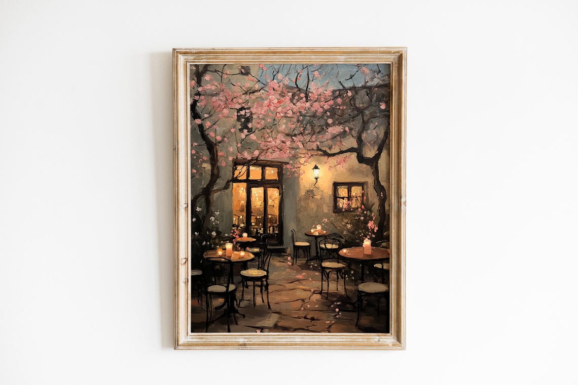 Candlelit European Cafe Terrace Blossom Night Romantic Art Poster