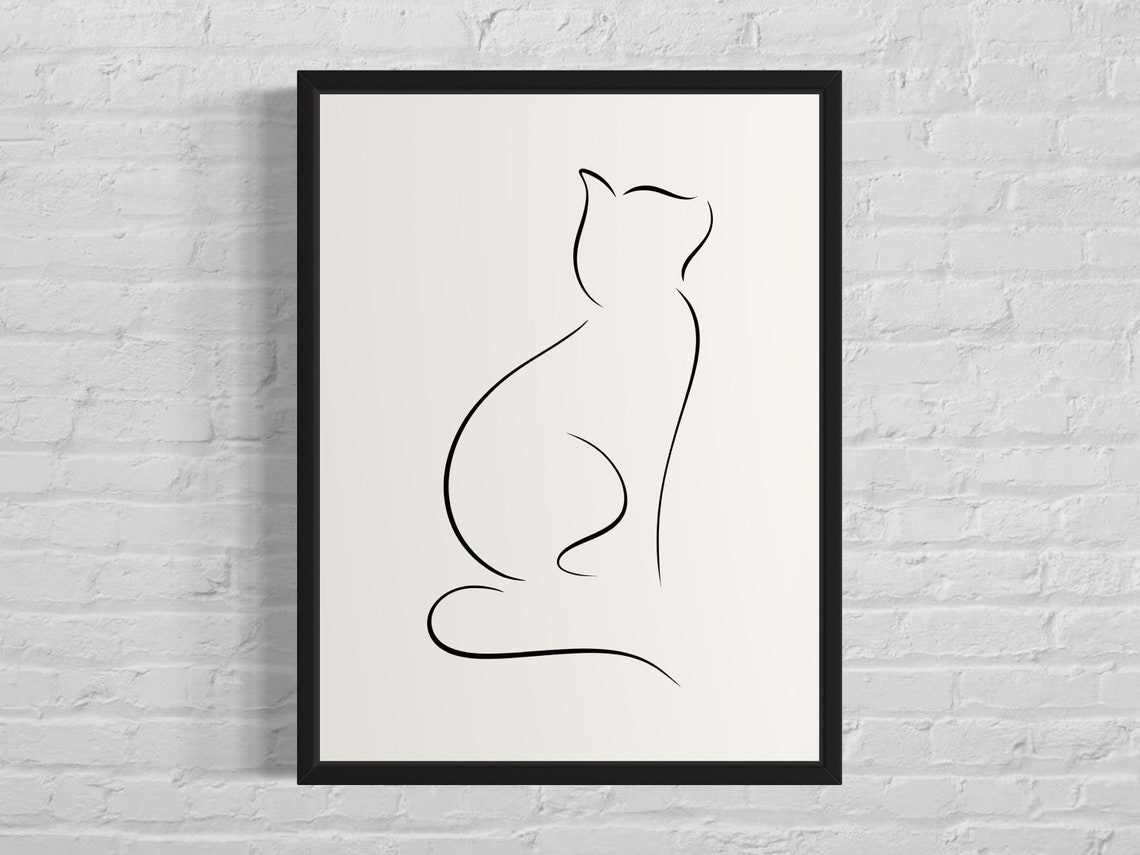 Sitting Cat Simple Black Line Drawing Minimalist Feline Art Poster