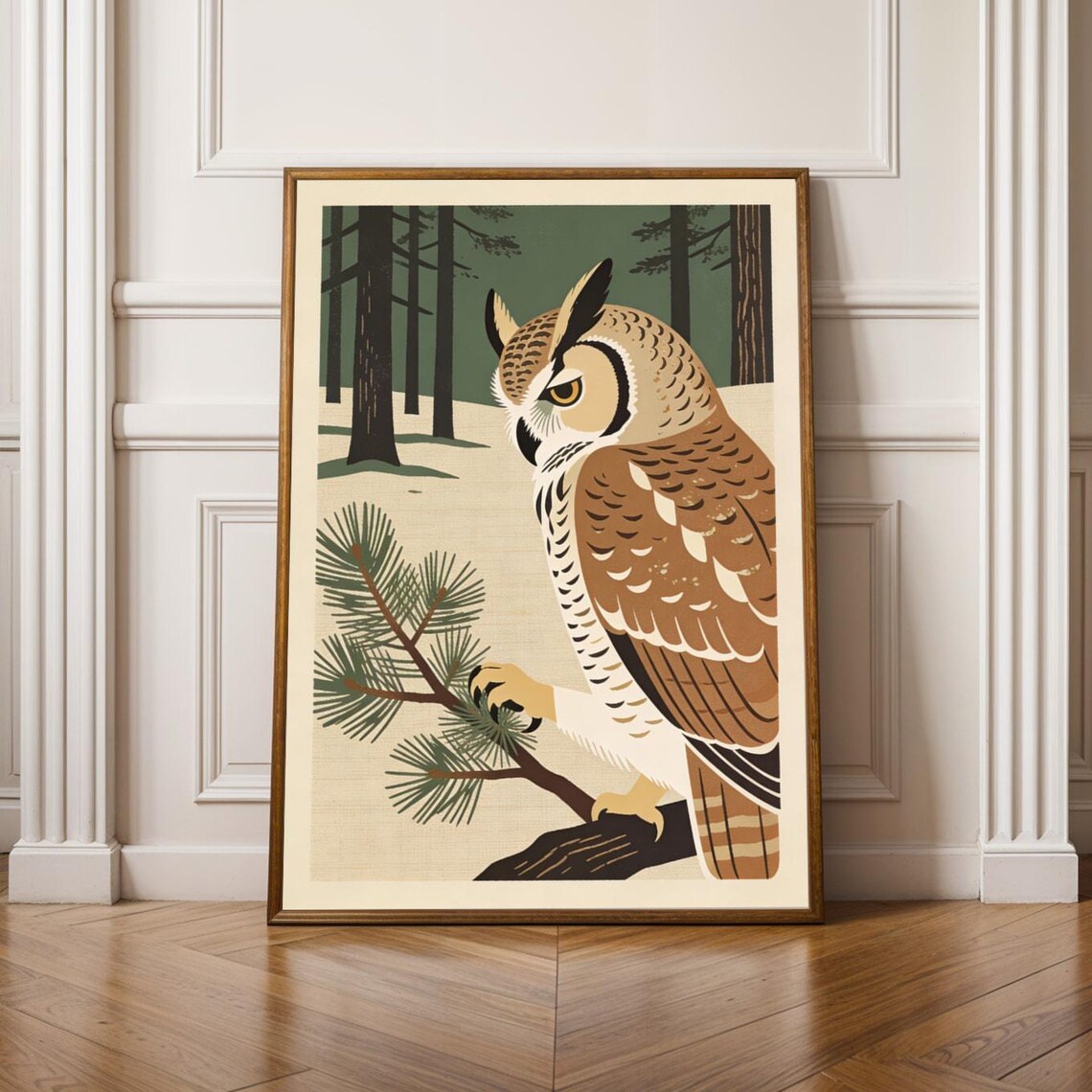 Horned Owl Vintage Forest Illustration Poster Perched on Pine Branch Art