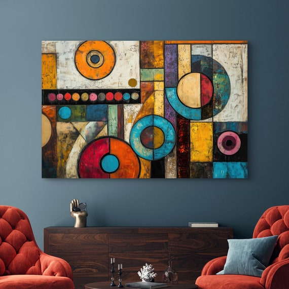 Colorful Abstract Geometric Art Bold Modernist Print For Living Room Or Above Couch Decor Vibrant Ready To Hang Art