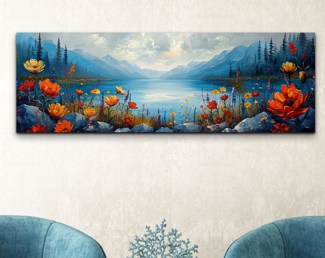 Bold Red Flowers by a Blue Mountain Lake in Acrylic Style Poster