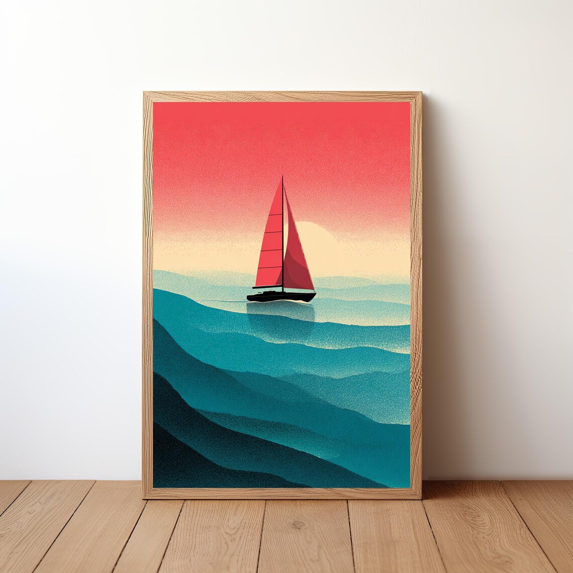 Red Sail Sailboat Coral Sunset Teal Waves Retro Grain Nautical Art Poster