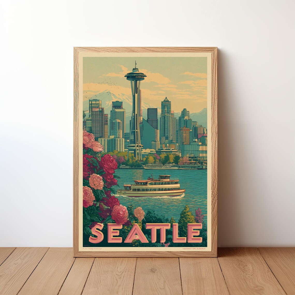 Seattle Vintage Poster Space Needle Ferry Roses Retro Travel Scene