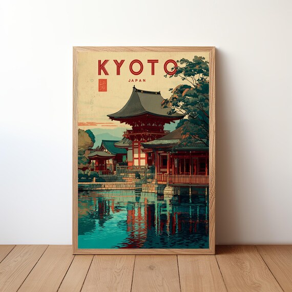 Vintage Kyoto Japan Retro Travel Poster Temple Gate Over Reflecting Pond