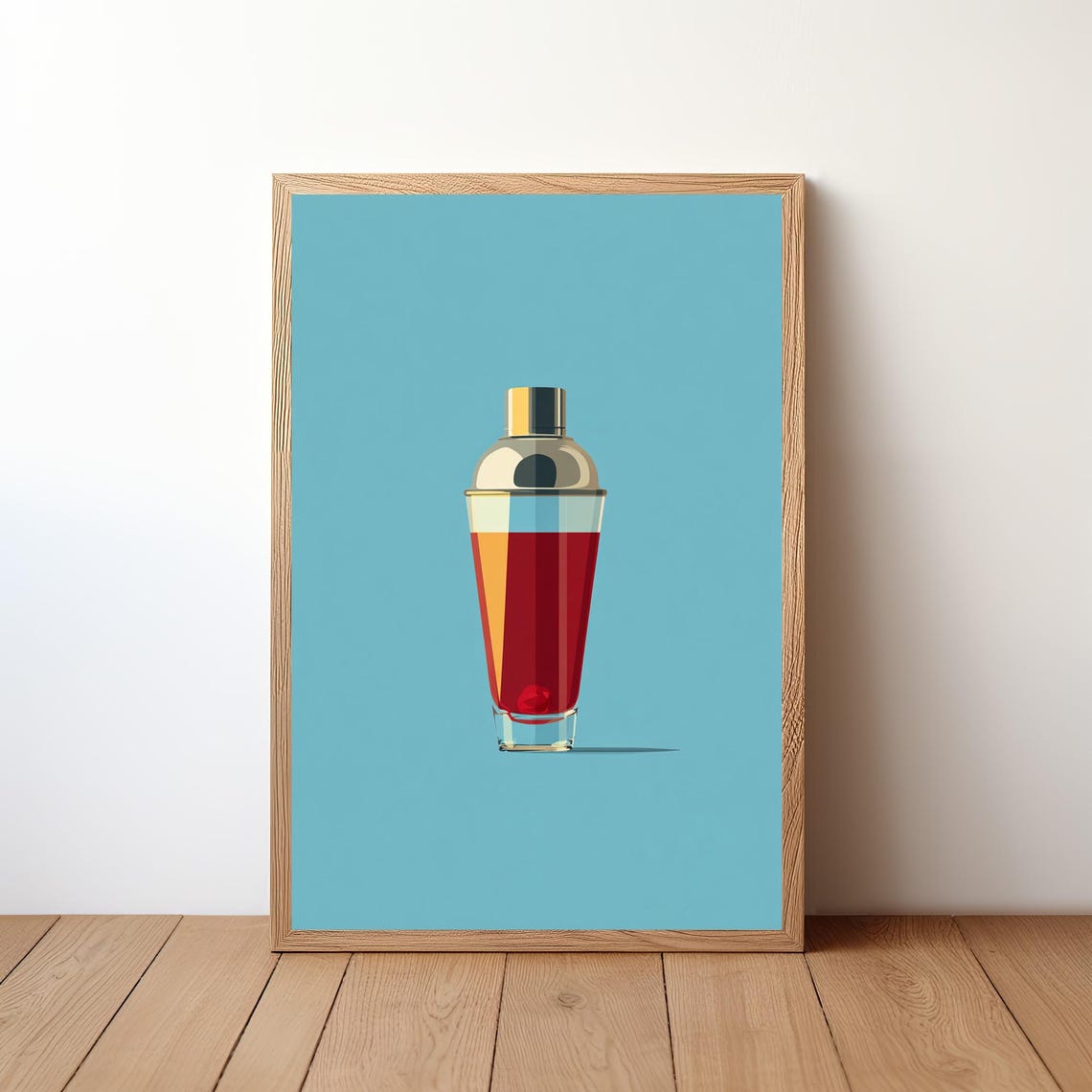 Bright Ruby Red Cocktail Glass Minimalist Aqua Blue Bar Poster