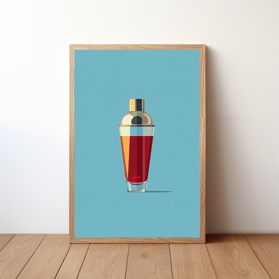 Bright Ruby Red Cocktail Glass Minimalist Aqua Blue Bar Poster
