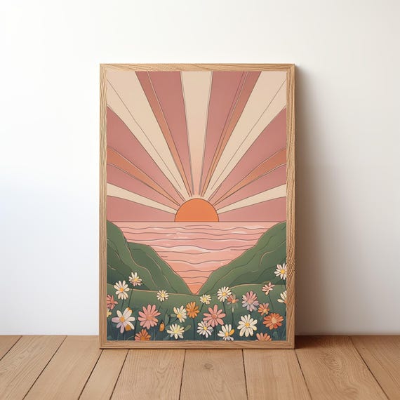 Sunset Ocean Landscape Poster Coastal Wall Art Tranquil Beach Print Nature Horizon Decor Peaceful Seascape Illustration Rb30