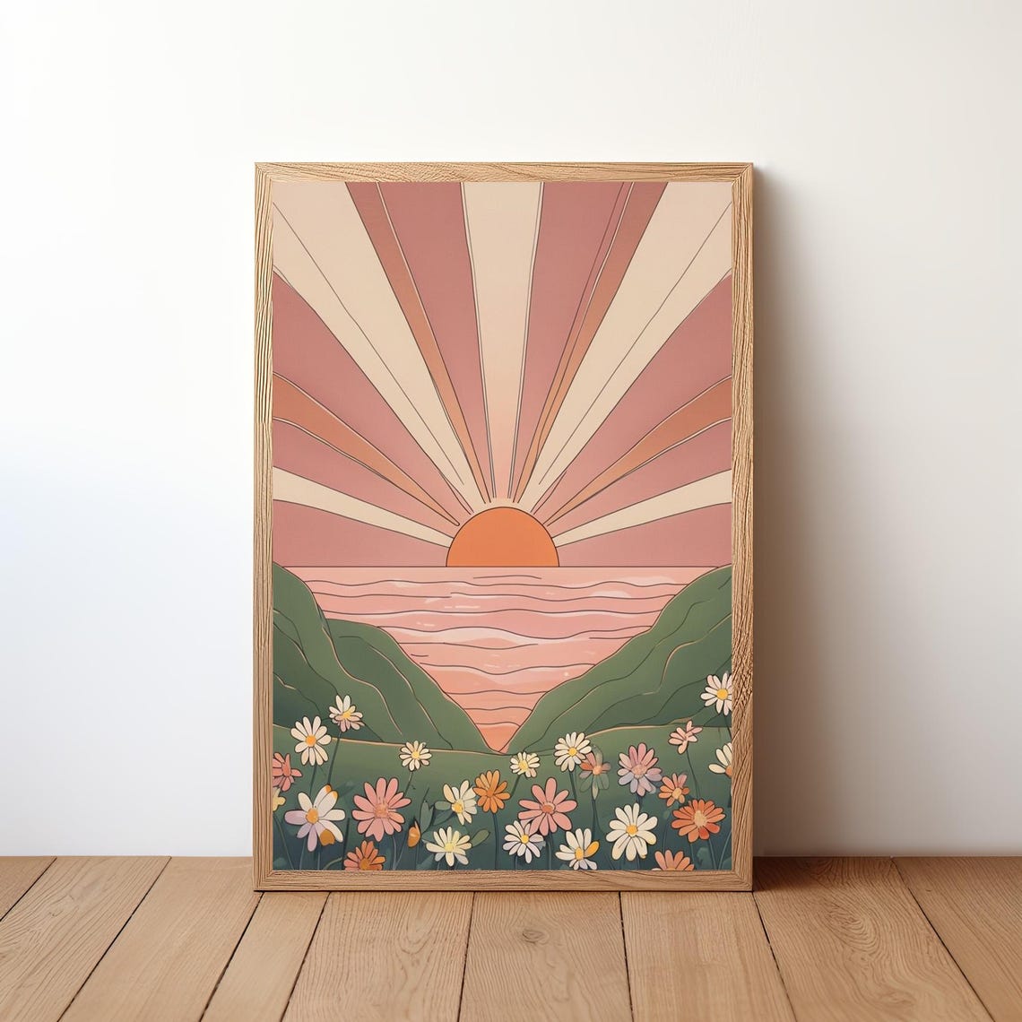 Boho Terracotta Sunset Wildflower Meadow Retro Sunburst Wall Art