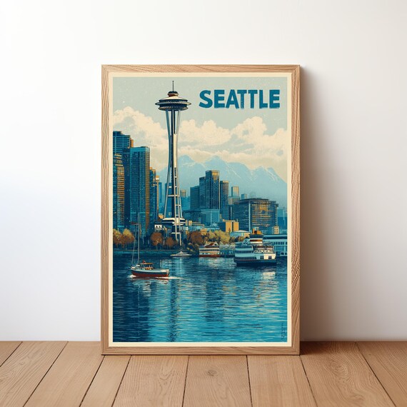 Seattle Skyline Poster Space Needle Ferry Harbor Retro Blue Travel