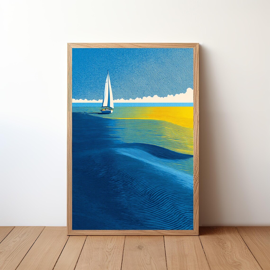 Retro Sailboat Blue Yellow Waves Vintage Sailing Illustration Poster