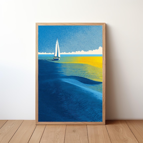 Retro Sailboat Blue Yellow Waves Vintage Sailing Illustration Poster