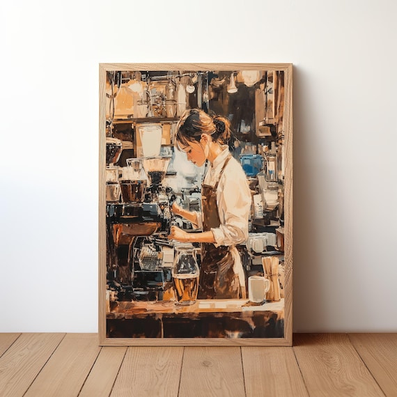 Barista At Espresso Machine Warm Oil Painting Coffee Shop Poster