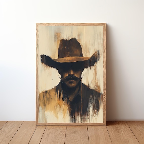 Shadowed Cowboy Dark Hat Classic Mustache Western Painting Wall Art