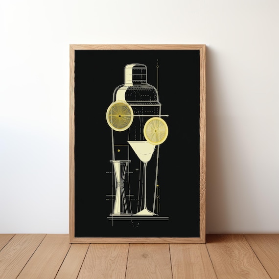 Elegant Cocktail Shaker Blueprint Line Art Black Gold Bar Poster