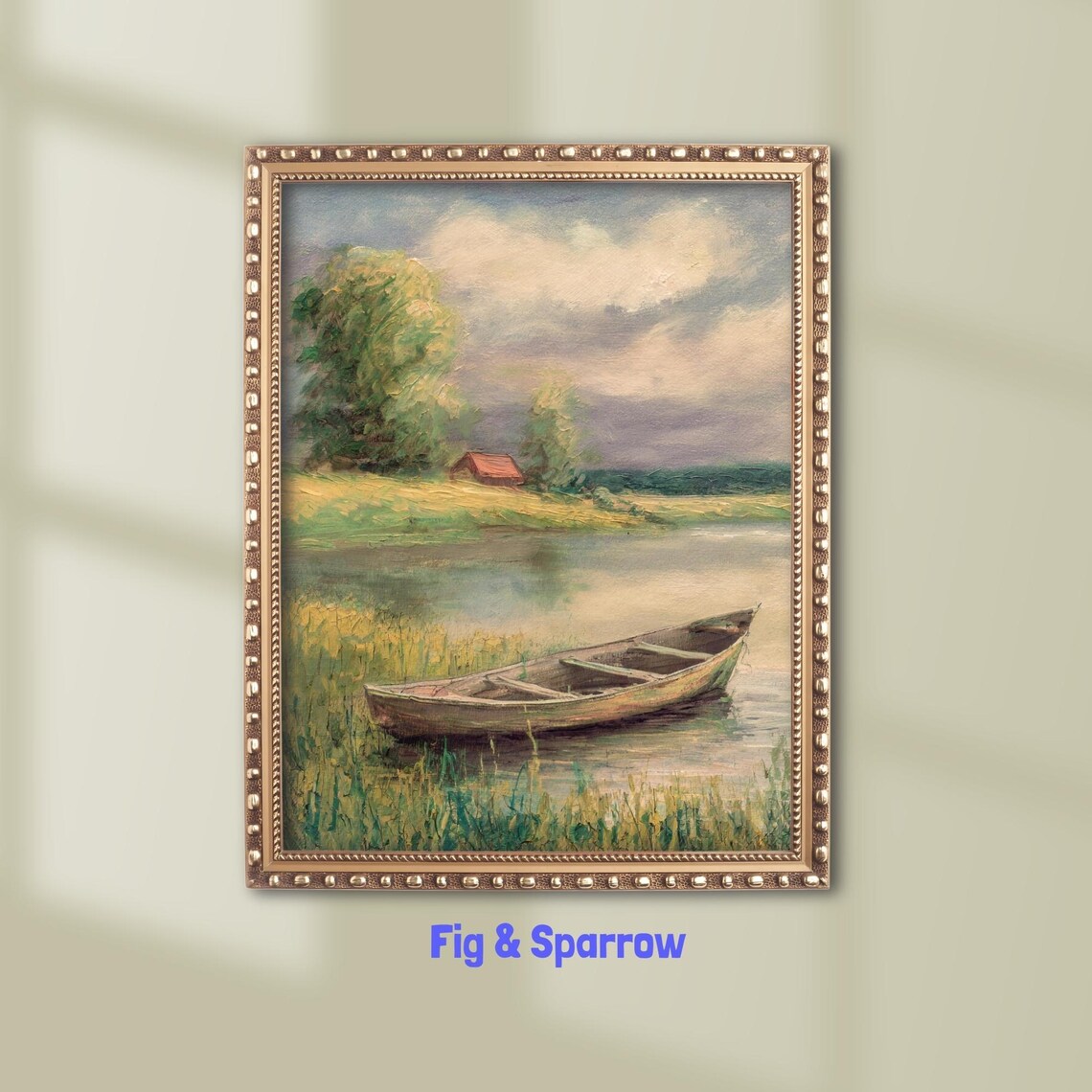 Vintage Rowboat Landscape, Rustic Lake Cabin Art Print