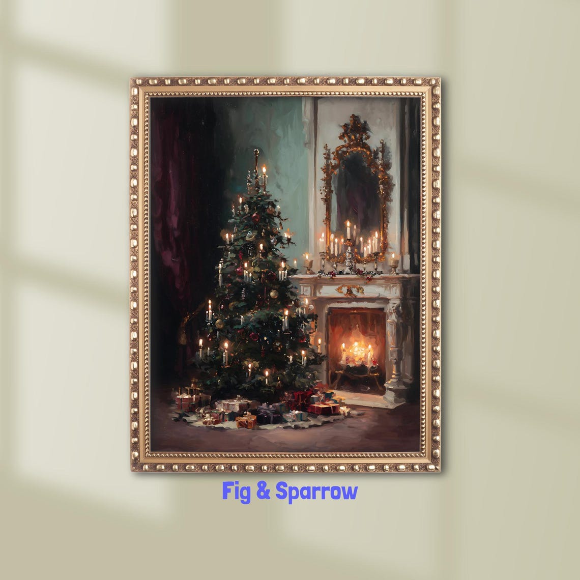 Christmas Tree By Fireplace Candlelit Vintage Holiday Wall Art