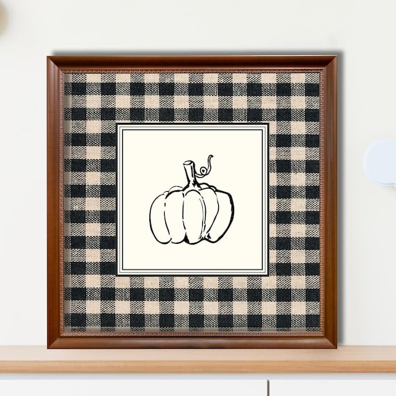 Round Pumpkin Sketch on Cream Buffalo Check Plaid Fall Farmhouse Poster