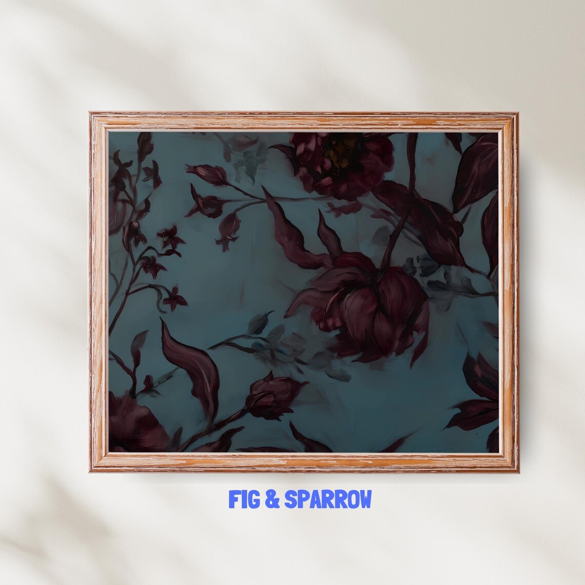 Moody Blue And Maroon Botanical Vintage Floral Wall Print