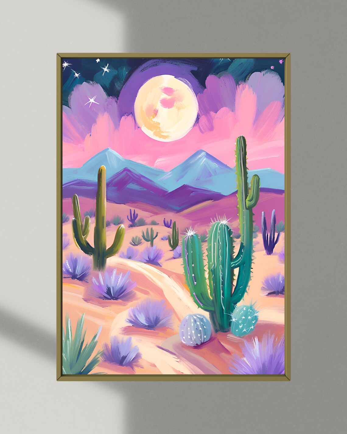 Desert Moon Saguaro Cactus Pink Sky Mountains Southwestern Wall Poster