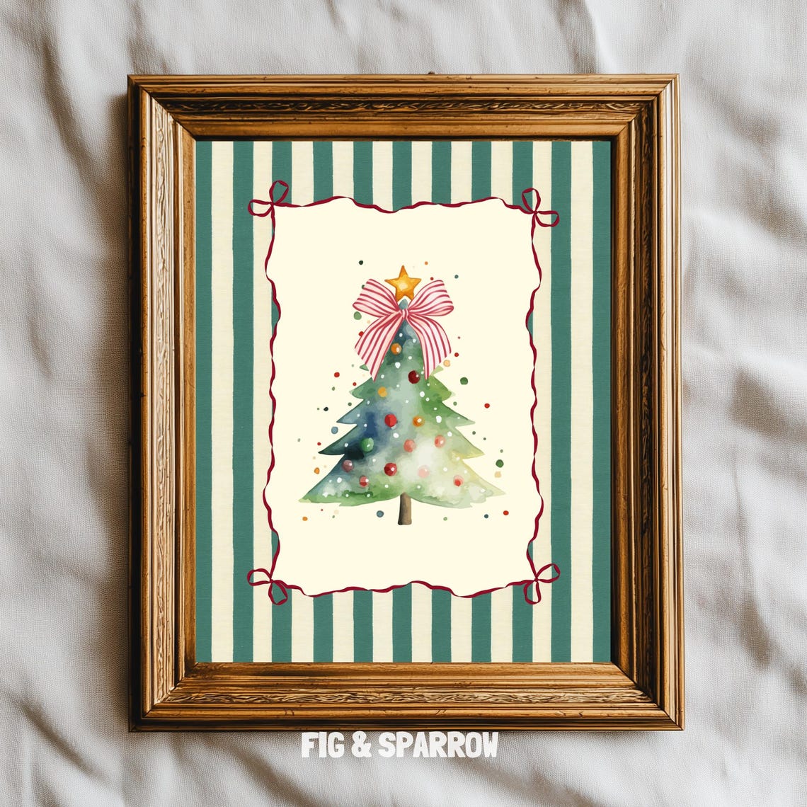 Watercolor Christmas Tree With Striped Bow Gold Star Holiday Poster