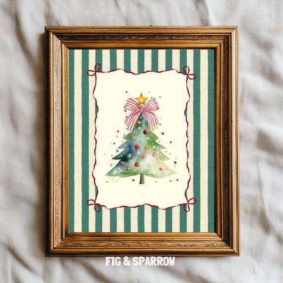 Watercolor Christmas Tree With Striped Bow Gold Star Holiday Poster