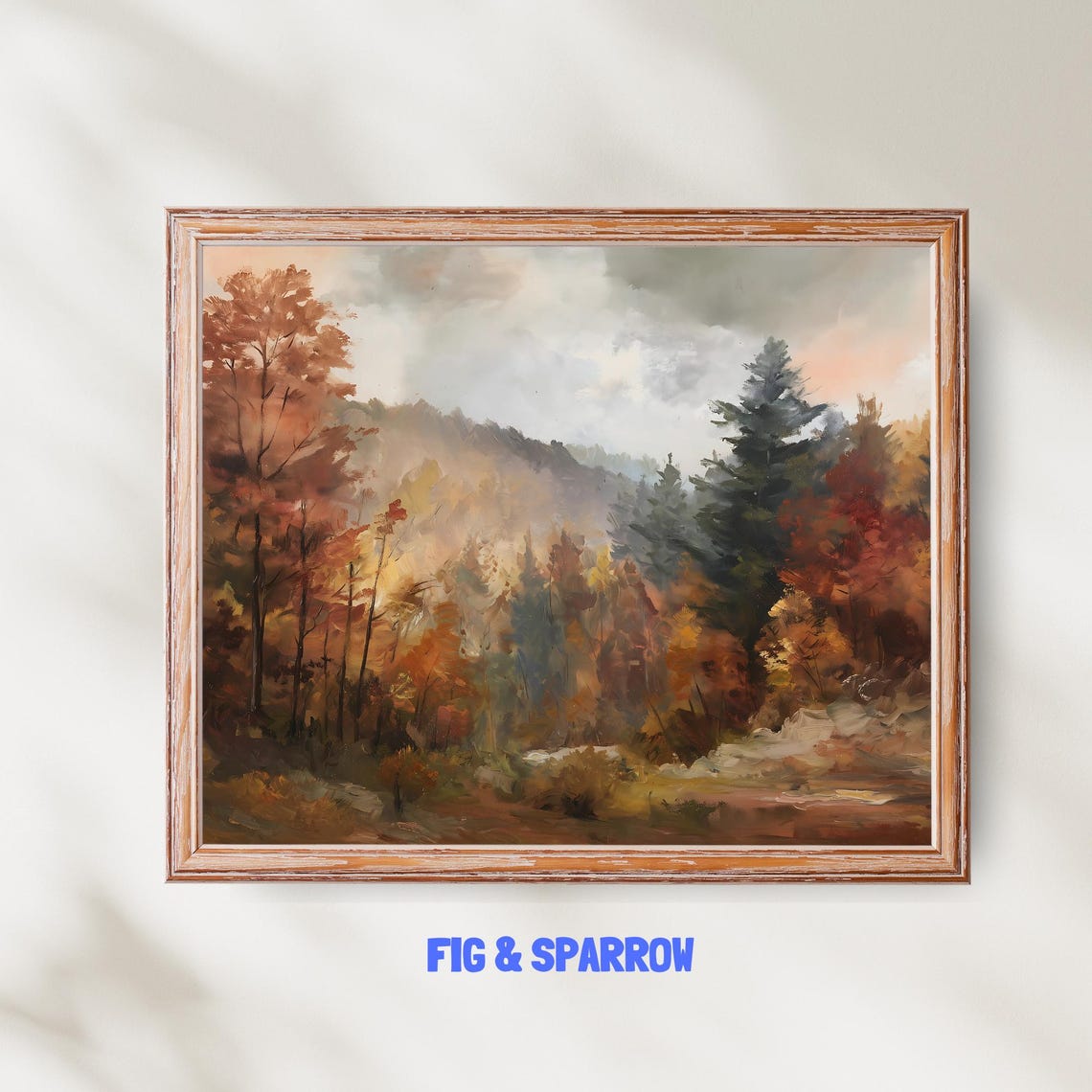Misty Autumn Forest Landscape Painting Rustic Fall Nature Wall Art