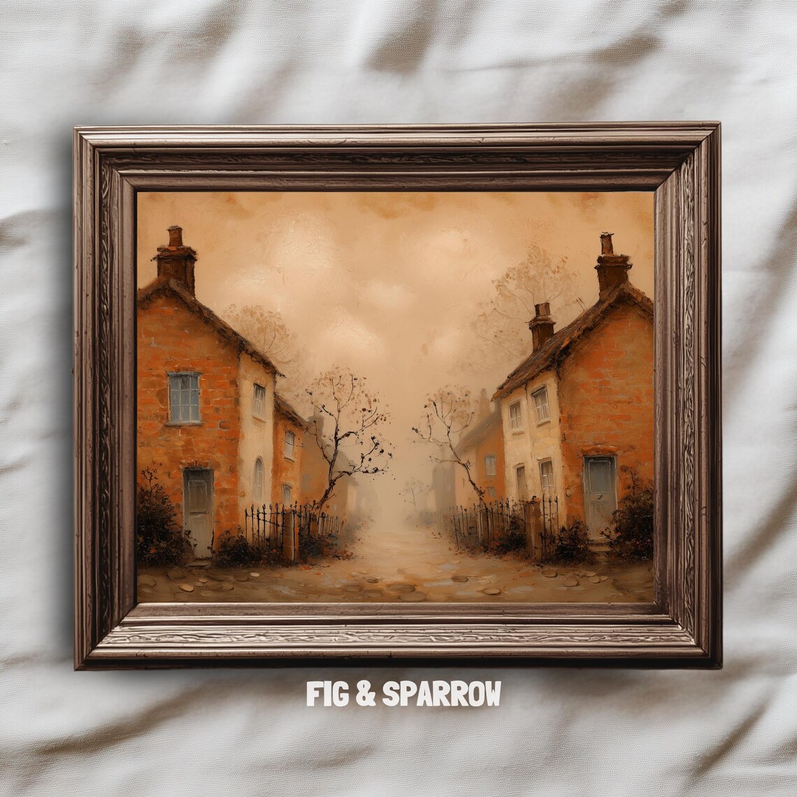 Misty Autumn Village, Vintage Cottage Wall Art Print