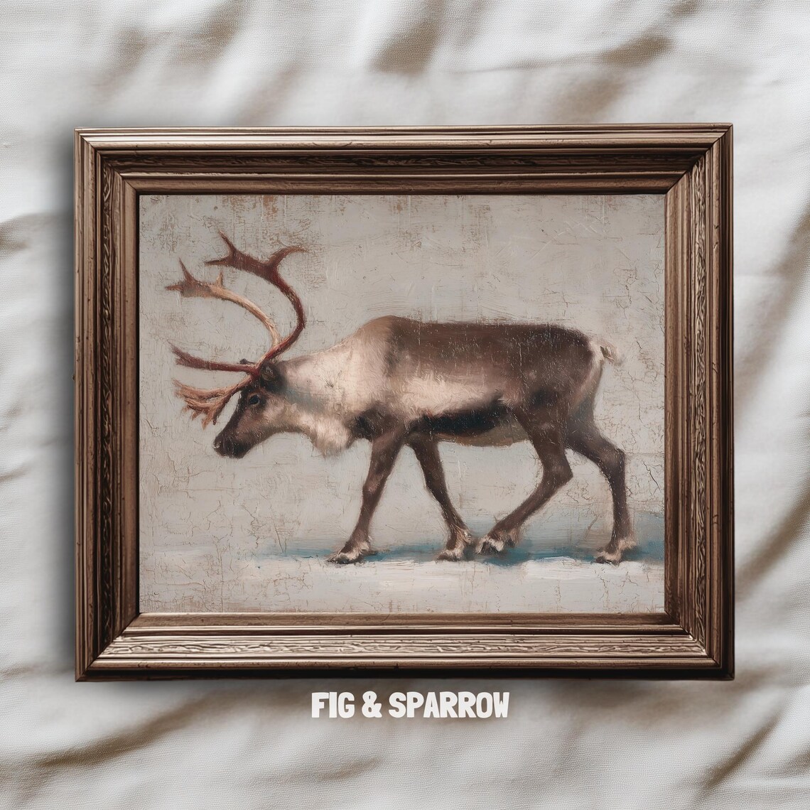 Vintage Reindeer Oil Painting Rustic Winter Deer Holiday Art Print