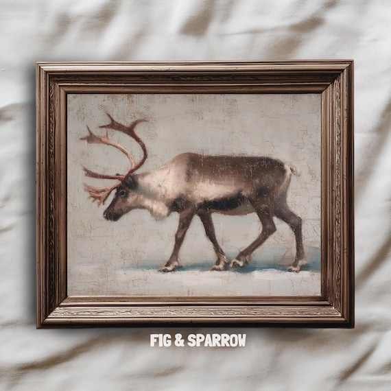 Vintage Reindeer Oil Painting Rustic Winter Deer Holiday Art Print