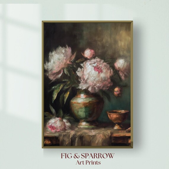 Moody Peony Still Life Oil Painting Pink Blooms Vintage Floral Wall Art