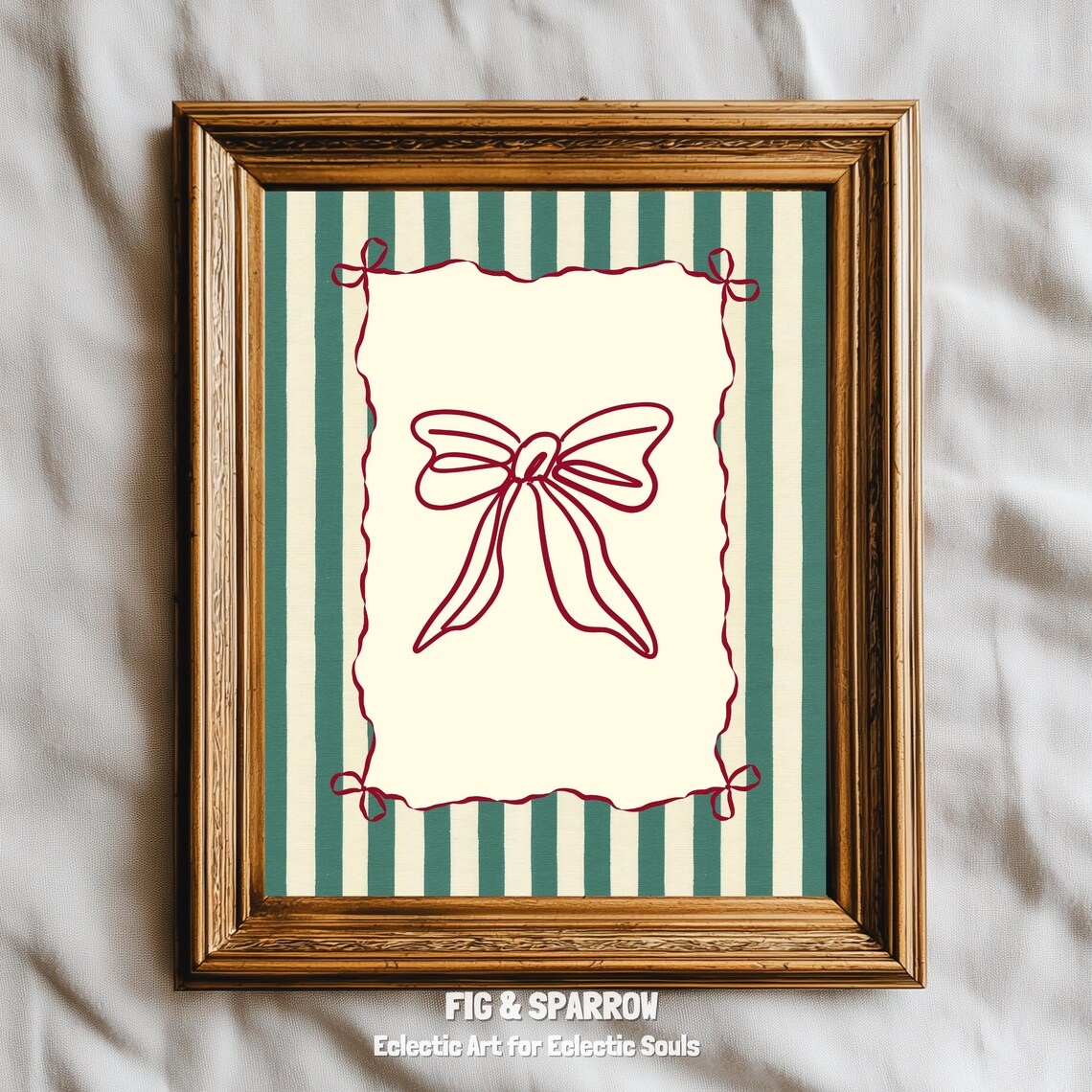 Vintage Red Ribbon Bow Line Art Christmas French Country Poster