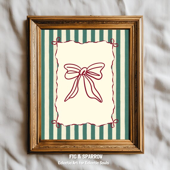 Vintage Red Ribbon Bow Line Art Christmas French Country Poster
