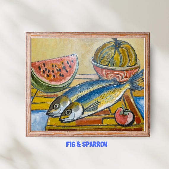 Vintage Fish Still Life Print Rustic Kitchen Wall Art