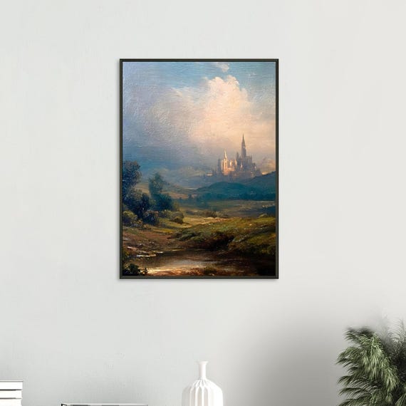 Fantasy Castle Art Print Victorian Medieval Landscape With Black Frame