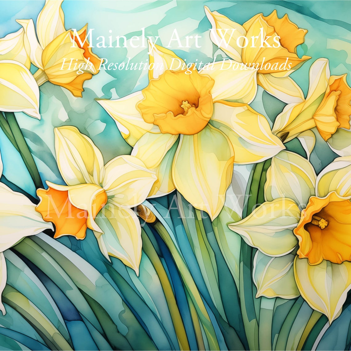 White Yellow Daffodil Stained Glass Style Floral Watercolor Poster - Image 3