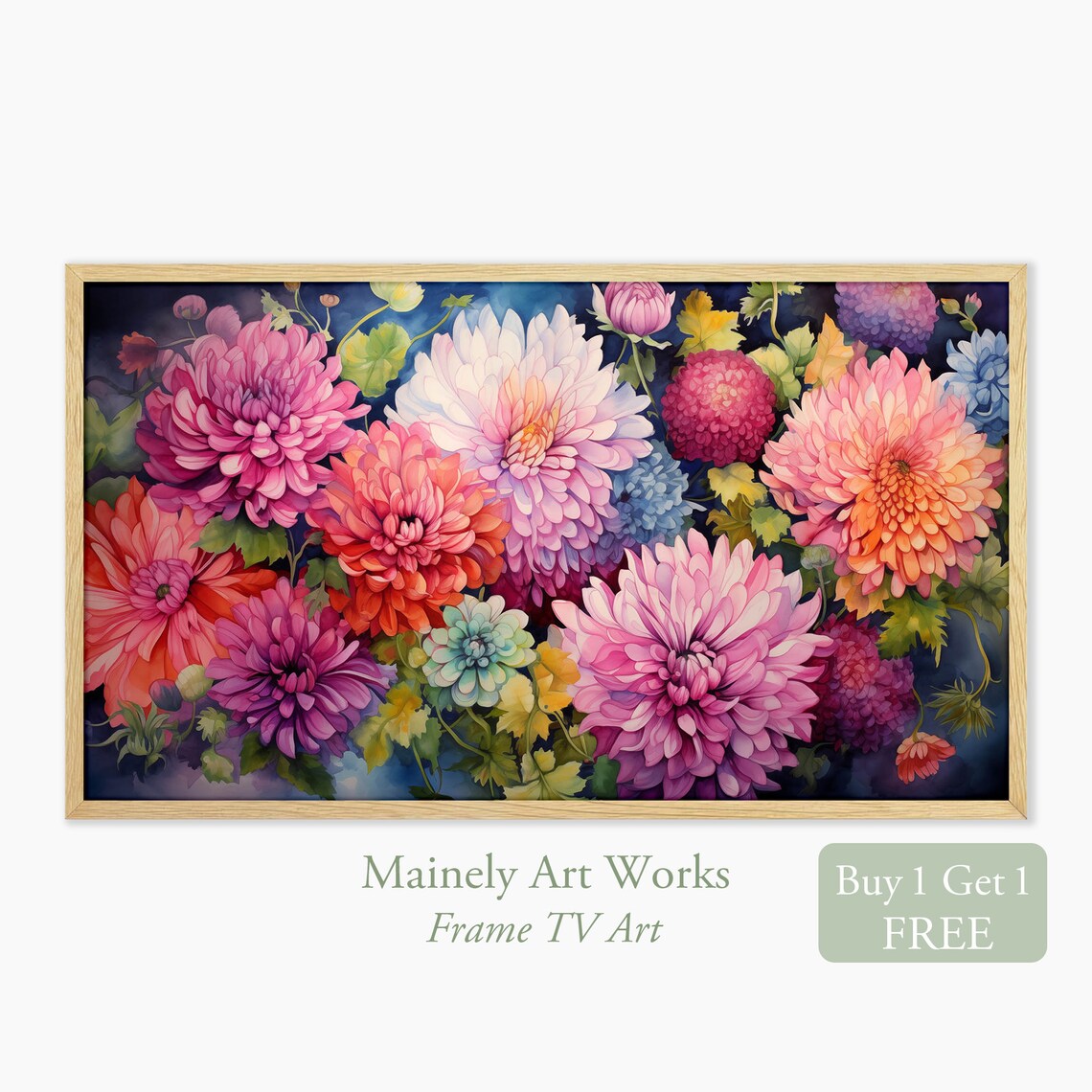 Autumn Chrysanthemum Flower Bloom Pink Magenta Teal Watercolor Poster