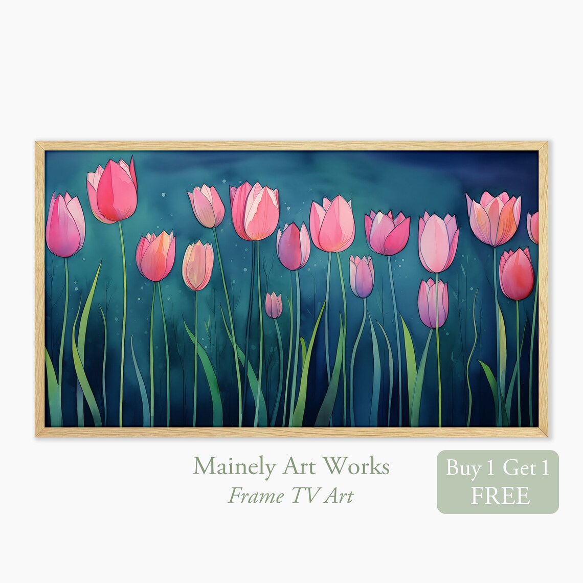 Pink Tulips On Tall Stems Deep Teal Night Sky Spring Flower Wall Art Print